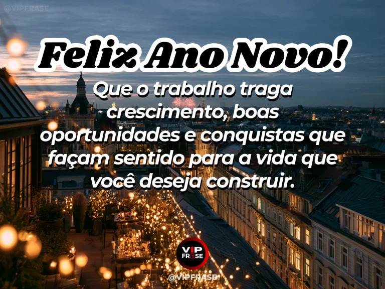 Mensagem de Ano Novo sobre trabalho e sucesso, com escritório contemporâneo iluminado pelo nascer do sol sobre a cidade.
