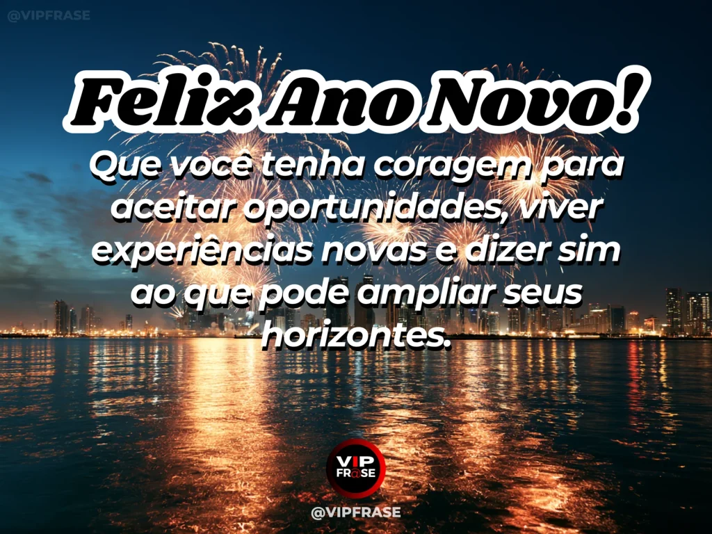Mensagem de Ano Novo sobre coragem, com passarela suspensa diante de montanhas e céu aberto.