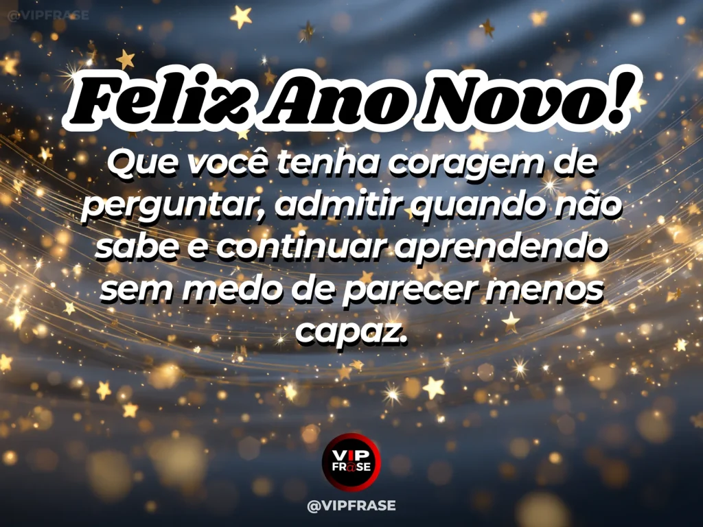 Frase de Ano Novo sobre coragem para aprender, com caderno e livros.