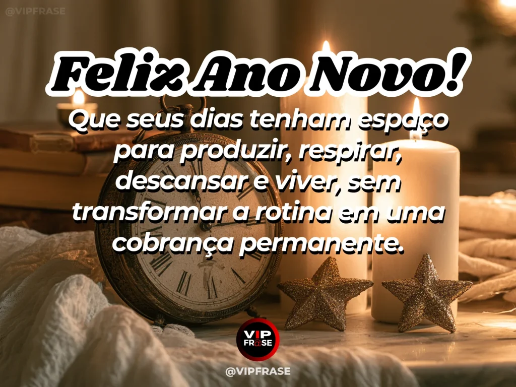Mensagem de Ano Novo sobre vida, com mesa clara junto a uma janela, caderno fechado, planta verde, xícara de chá e luz natural tranquila de manhã.