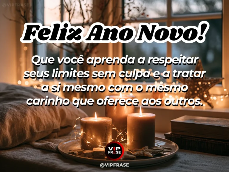 Mensagem de Ano Novo sobre autoestima, com um banco de madeira junto a um jardim sereno, manta leve, flores delicadas e luz acolhedora de fim de tarde.