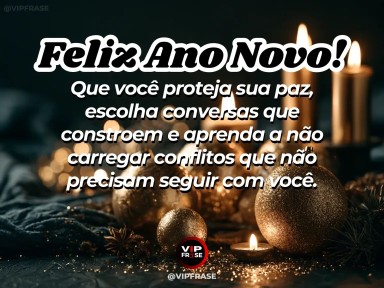 Mensagem de Ano Novo sobre paz e sabedoria, com pedras lisas equilibradas à beira de água calma.