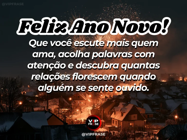 Mensagem de Ano Novo sobre carinho, com duas poltronas confortáveis próximas a uma janela iluminada, mesa com flores e clima íntimo de conversa e acolhimento.