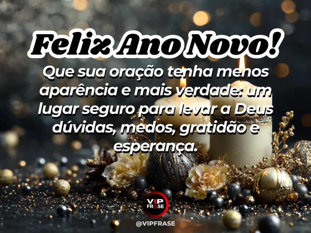 Frase de Ano Novo sobre oração sincera, com canto sereno junto à janela.
