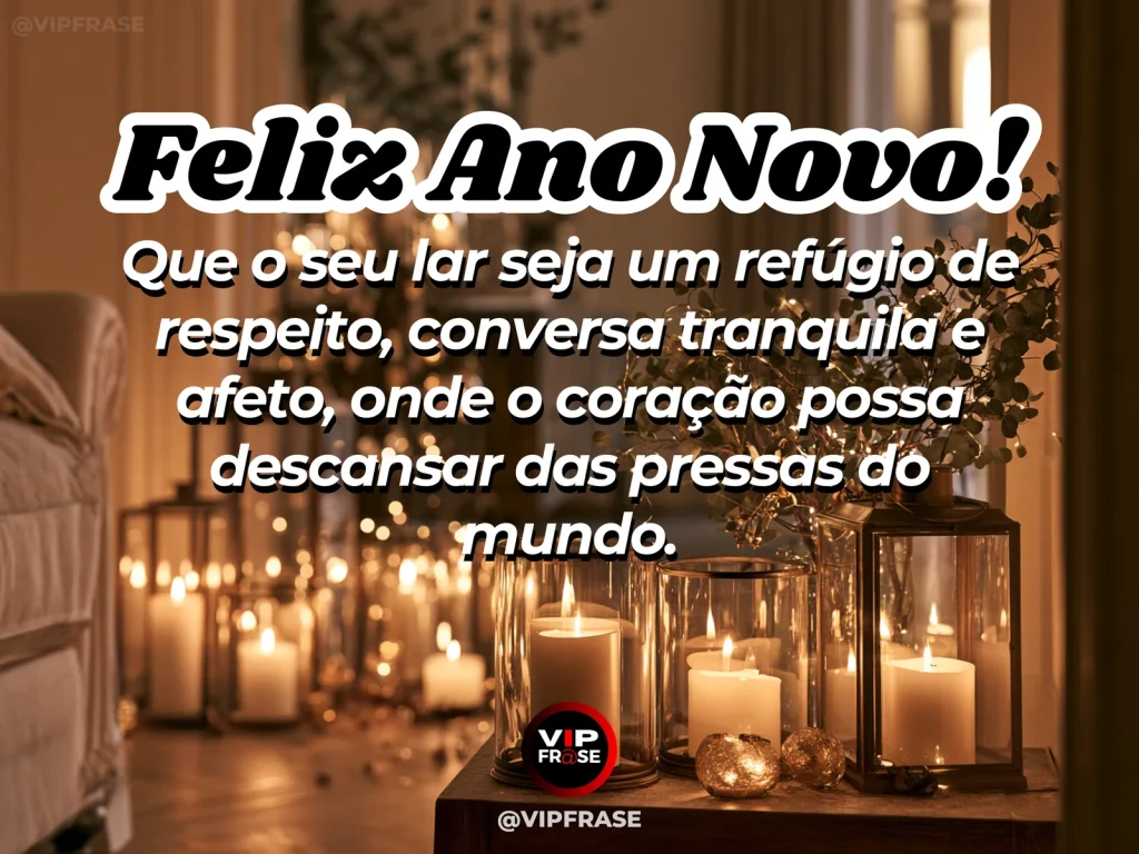 Mensagem de Ano Novo sobre paz, com sala de estar aconchegante com luz natural, almofadas, plantas e janela para um jardim silencioso.