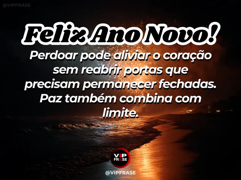 Frase de Ano Novo sobre perdao, paz, em cena serena com portão fechado ao longe com jardim tranquilo e sensação de paz.
