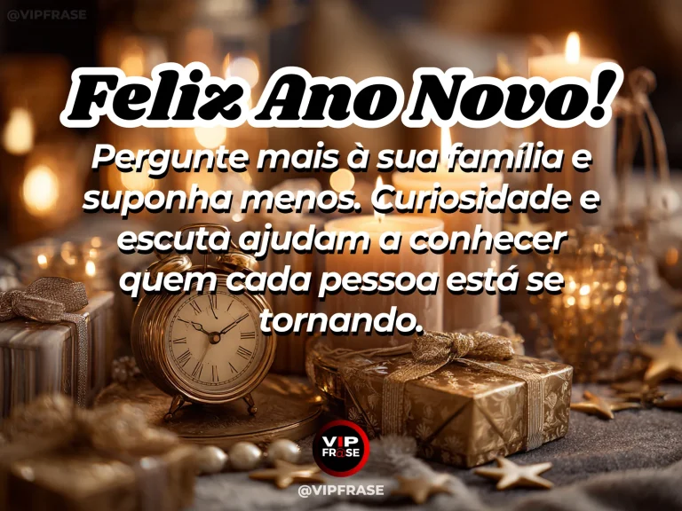 Frase de Ano Novo sobre familia, carinho, em cena serena com mesa posta simples e acolhedora, sugerindo conversa em família.