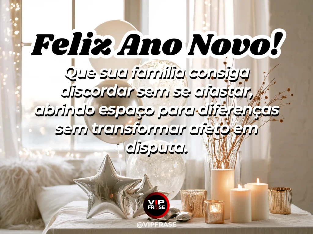 Frase de Ano Novo sobre família e paz, com mesa acolhedora para conversa.