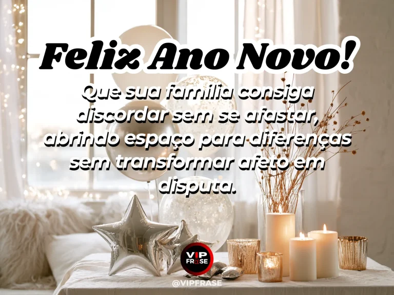 Frase de Ano Novo sobre família e paz, com mesa acolhedora para conversa.