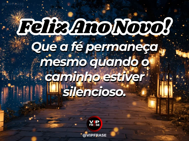 Frase de Ano Novo sobre fé no silêncio, com estrada sob céu luminoso.