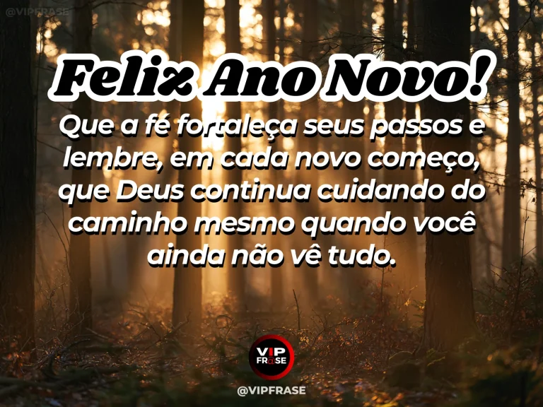 Mensagem de Ano Novo sobre fe e deus, com feixes de luz atravessando nuvens sobre uma estrada tranquila.