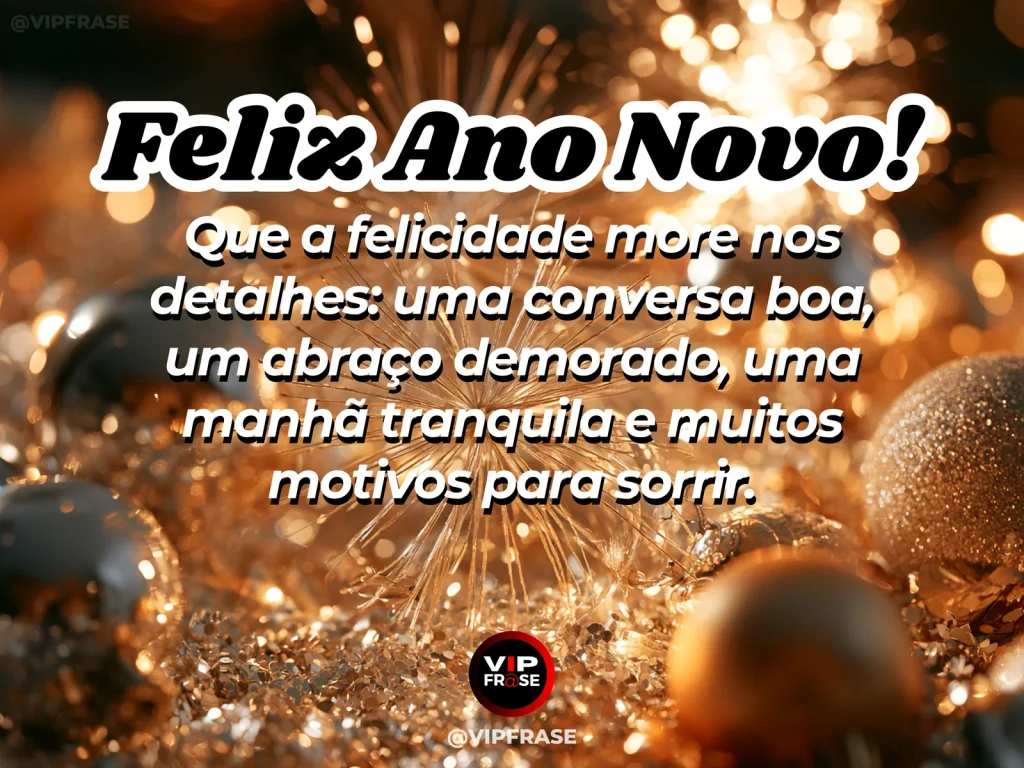 Mensagem de Ano Novo sobre felicidade, com manhã ensolarada em uma varanda acolhedora com flores e almofadas.