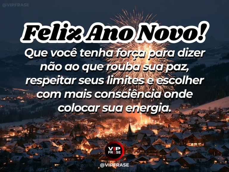 Mensagem de Ano Novo sobre forca e paz, com muro baixo de pedra delimitando um jardim tranquilo e bem cuidado.