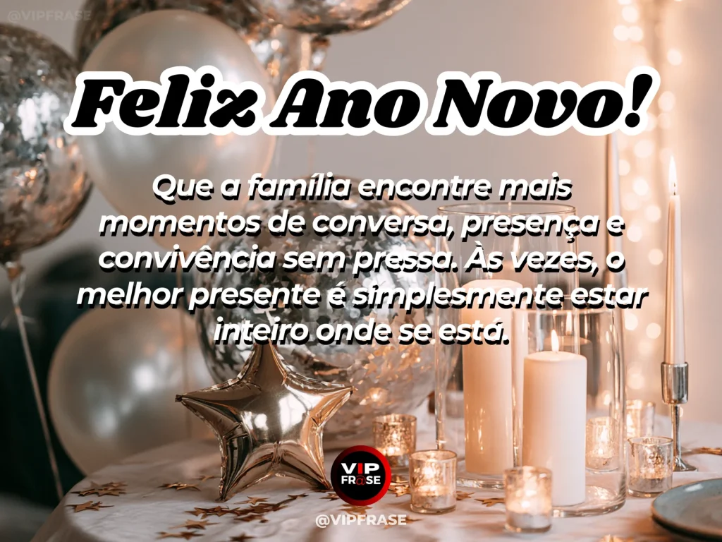 Mensagem de Ano Novo sobre família e presença, com pessoas reunidas em sala acolhedora.
