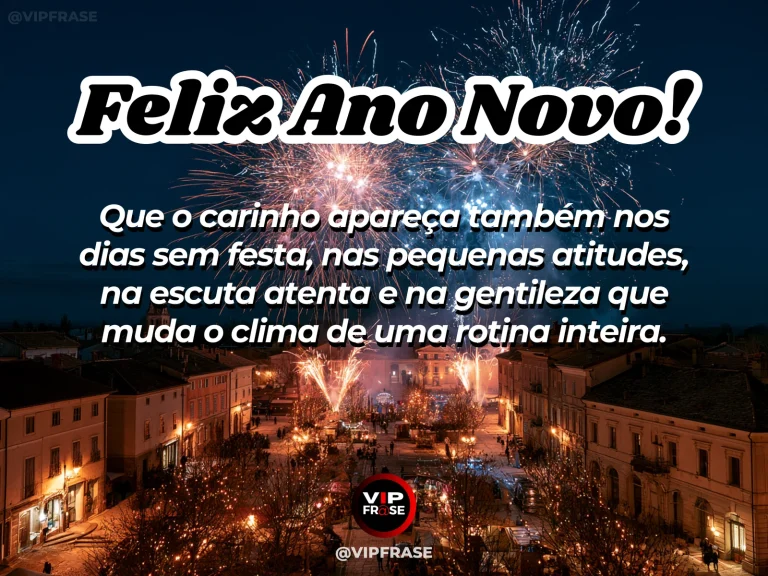 Mensagem de Ano Novo sobre carinho, com mãos oferecendo uma pequena flor em uma cena cotidiana iluminada.