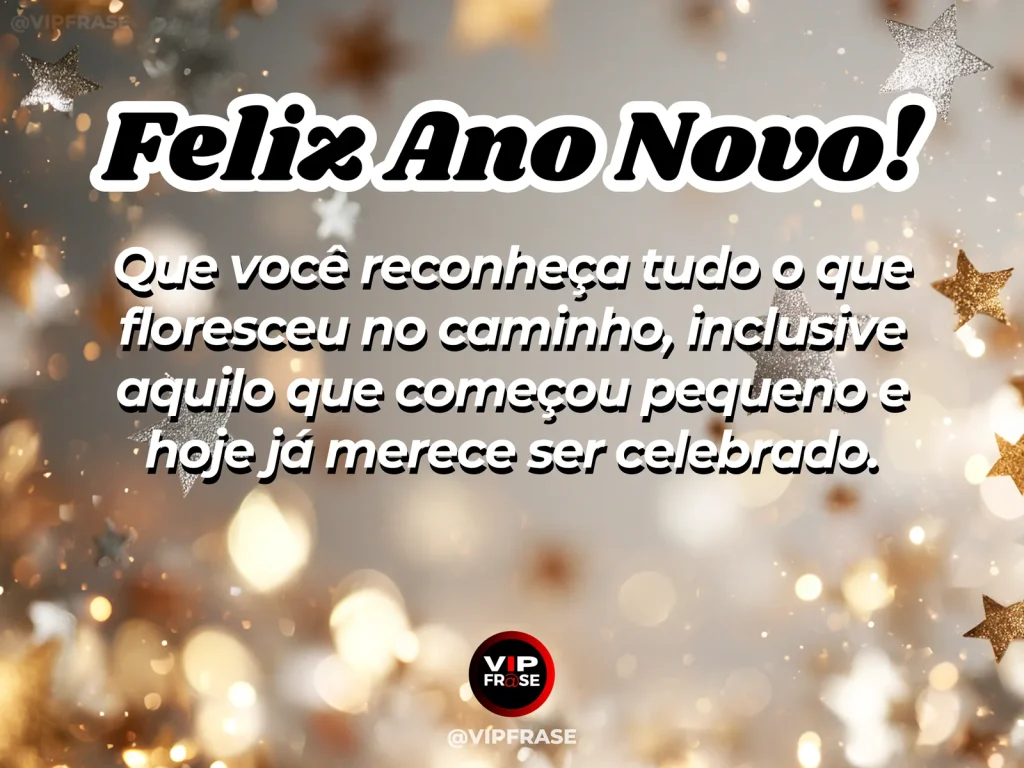 Mensagem de Ano Novo sobre gratidao, com pequenas flores surgindo entre pedras sob luz dourada.