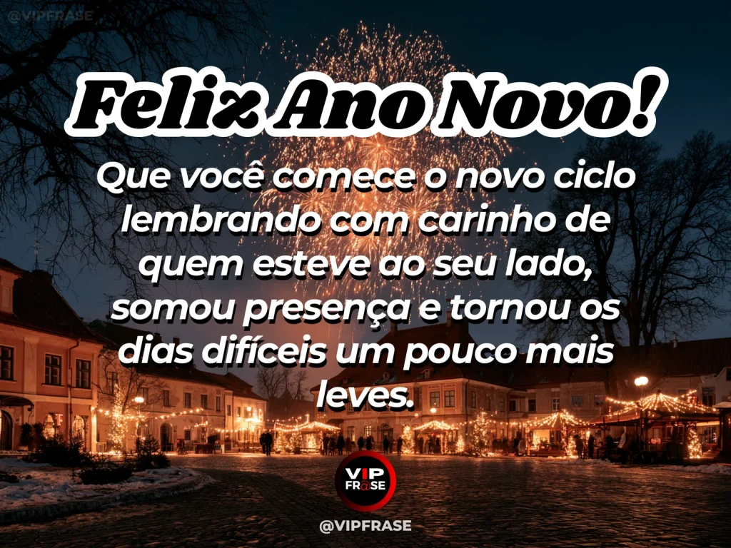 Mensagem de Ano Novo sobre gratidao e carinho, com duas silhuetas sentadas lado a lado diante de um pôr do sol suave.