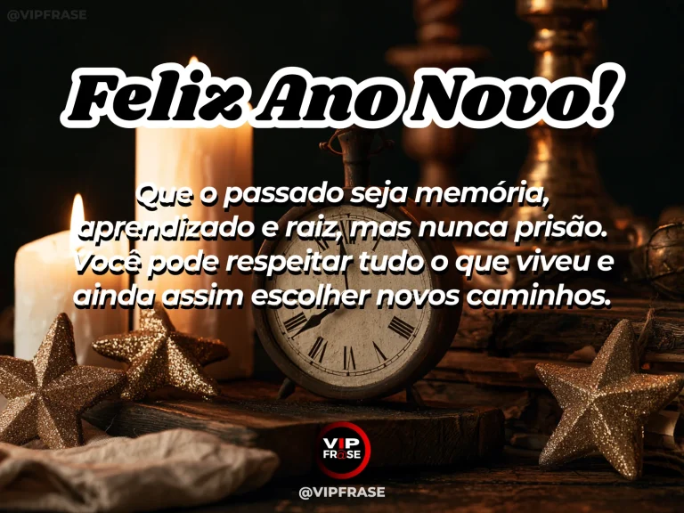 Mensagem de Ano Novo sobre história e novos caminhos, com árvore e trilha iluminada.