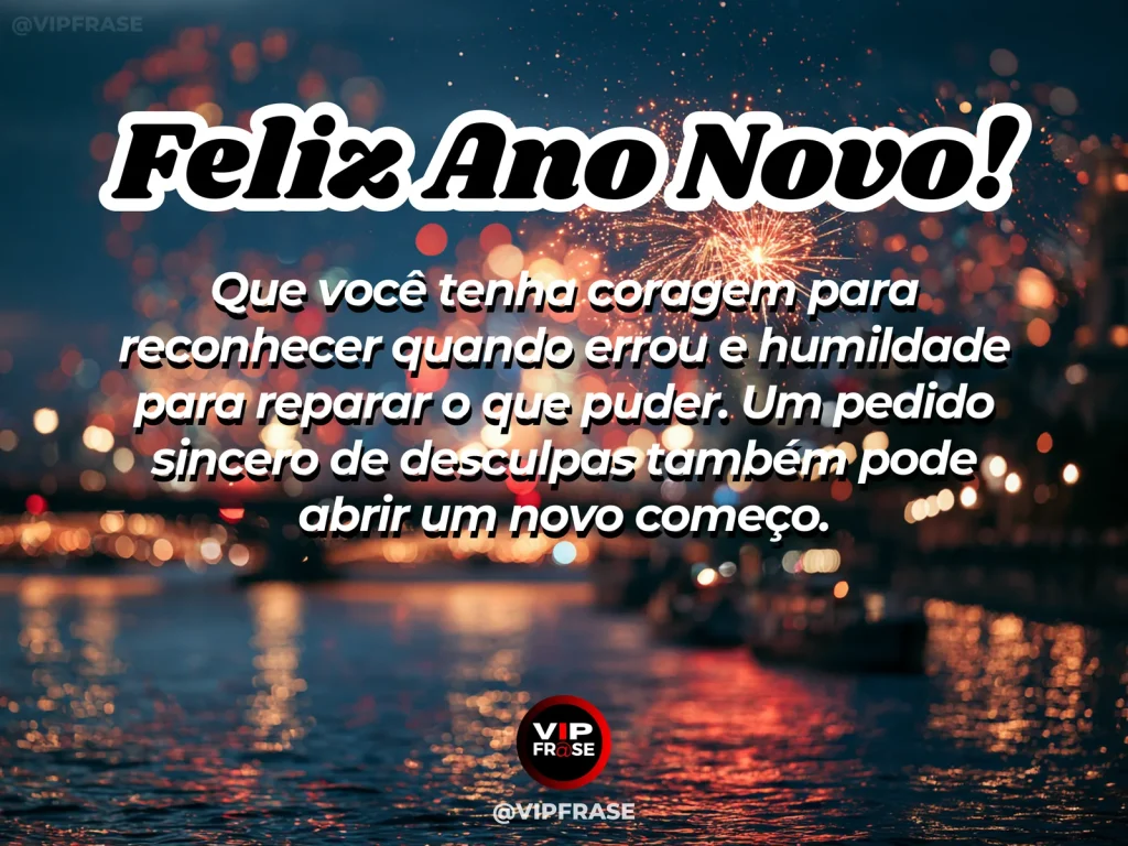 Mensagem de Ano Novo sobre pedir desculpas, com ponte sobre água tranquila.
