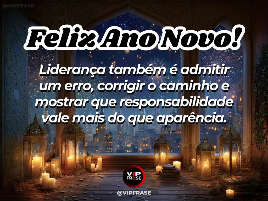 Frase de Ano Novo sobre lideranca, sabedoria, em cena serena com mesa de reunião vazia com luz lateral, transmitindo clareza e responsabilidade.