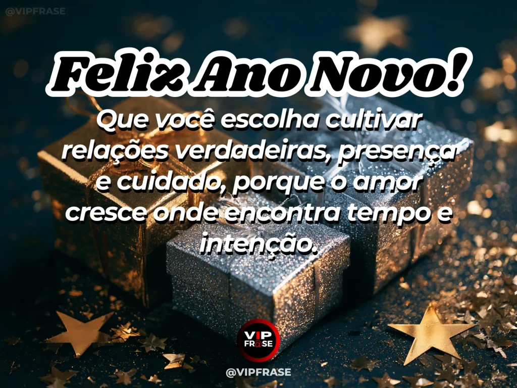 Mensagem de Ano Novo sobre amor e carinho, com duas cadeiras próximas em um jardim florido sob luz suave.