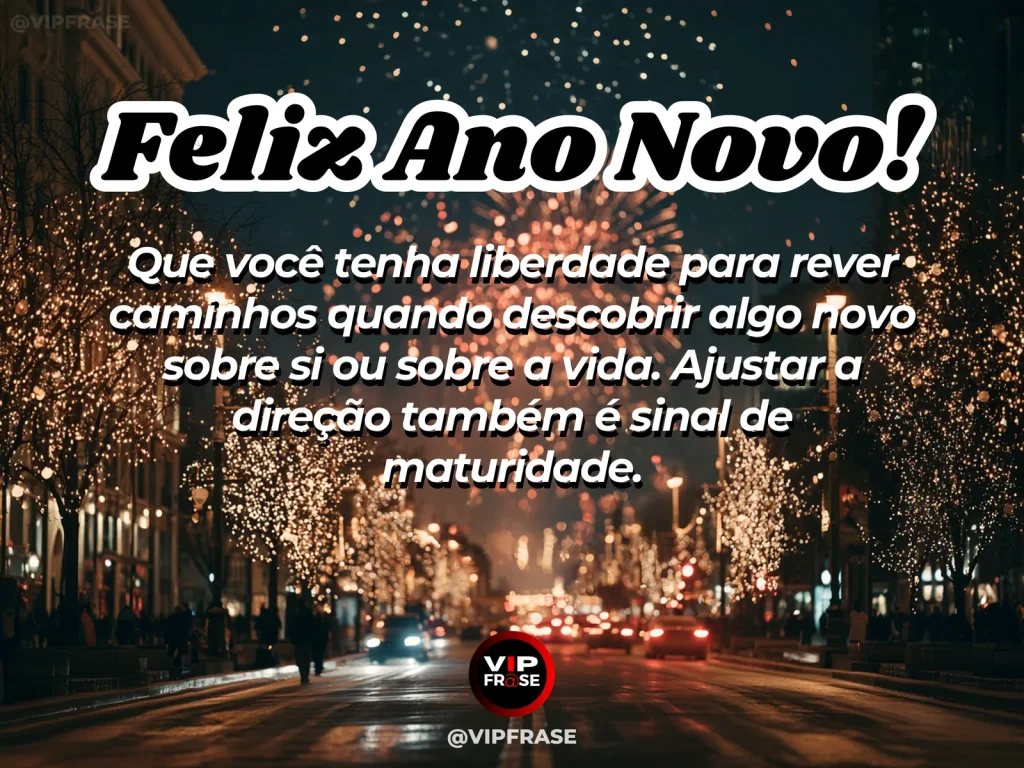 Mensagem de Ano Novo sobre mudar de direção, com estrada em bifurcação iluminada.