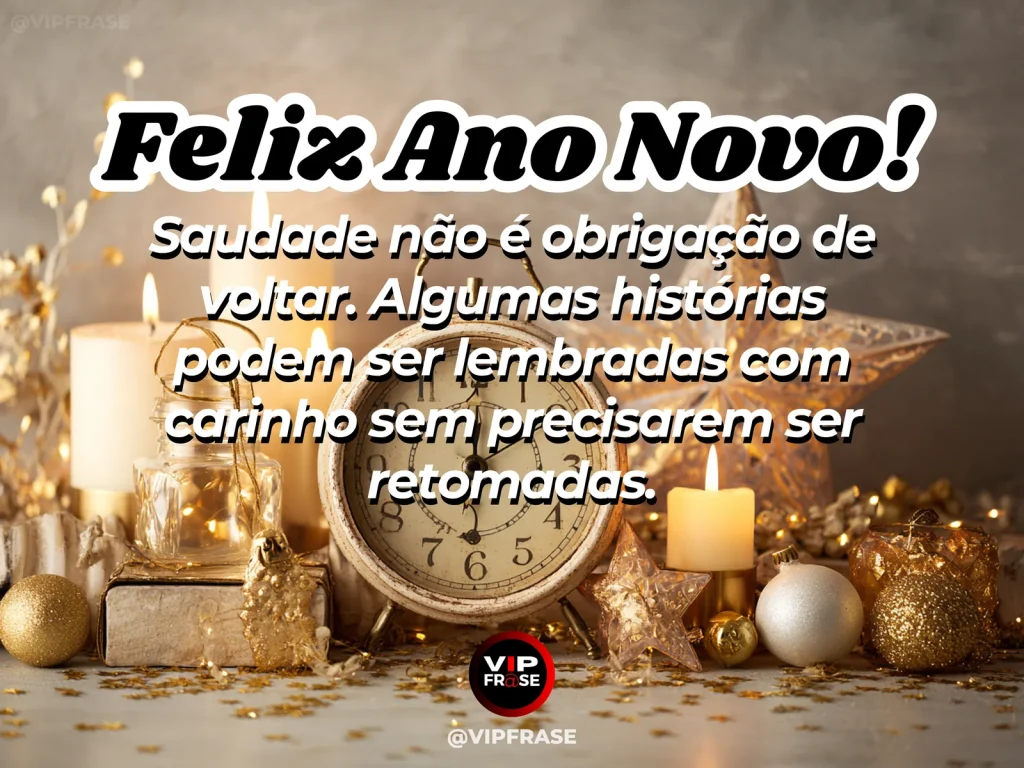 Frase de Ano Novo sobre saudade, sabedoria, em cena serena com carta antiga e luz suave, com atmosfera nostálgica e serena.