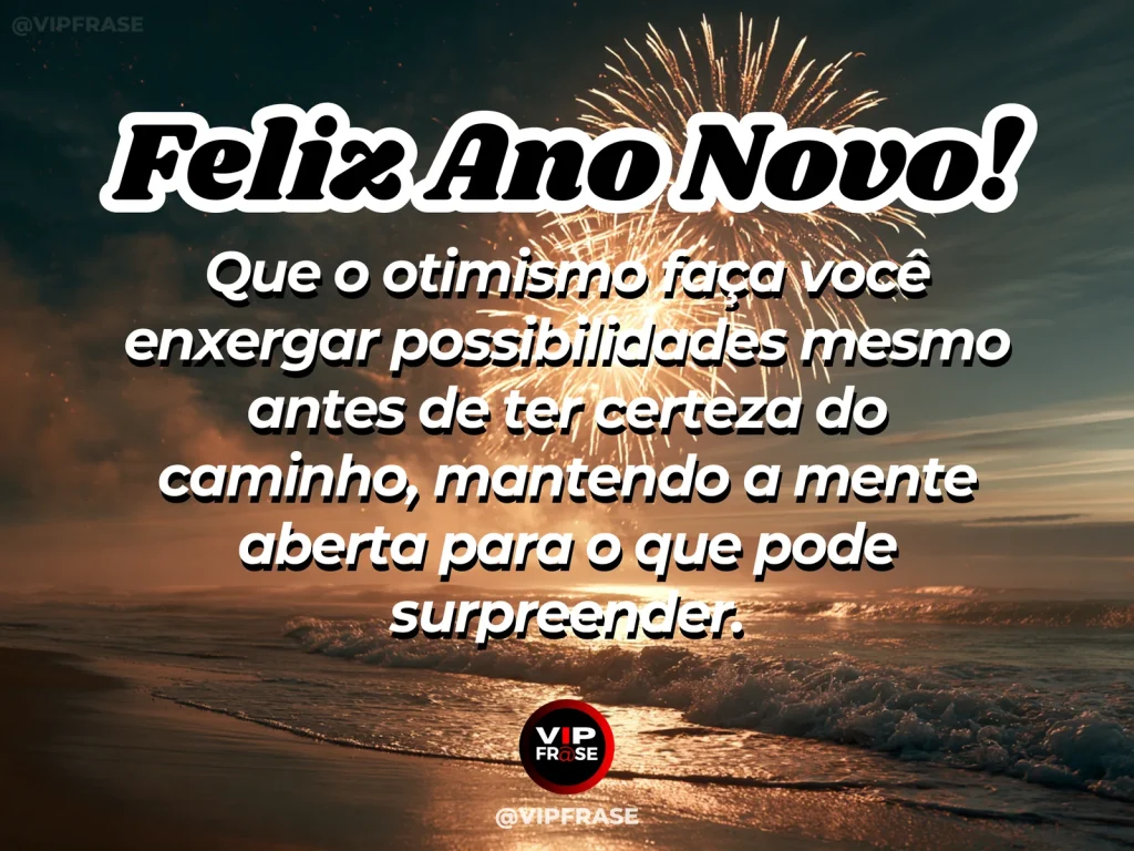 Mensagem de Ano Novo sobre otimismo e confianca, com mirante amplo sobre o mar ao amanhecer com céu colorido.