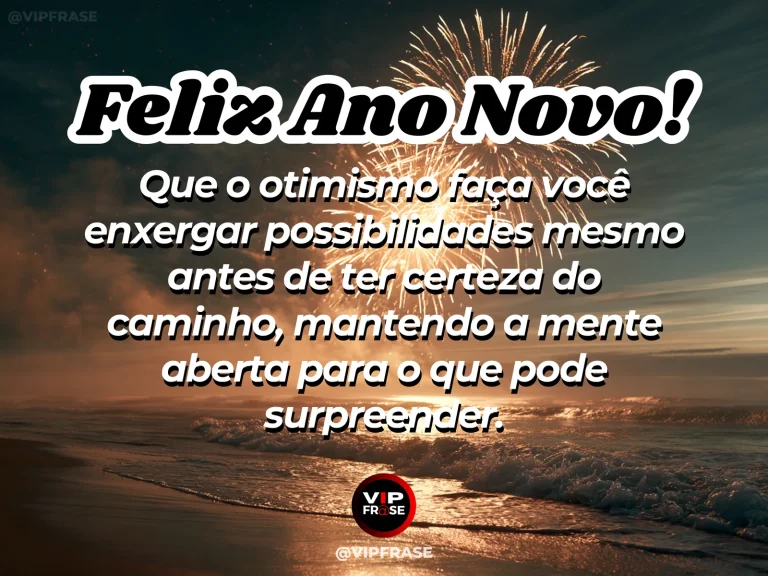 Mensagem de Ano Novo sobre otimismo e confianca, com mirante amplo sobre o mar ao amanhecer com céu colorido.
