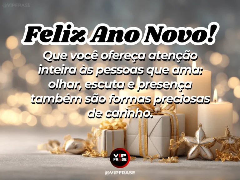 Frase de Ano Novo sobre atenção e carinho, com duas cadeiras junto à janela.