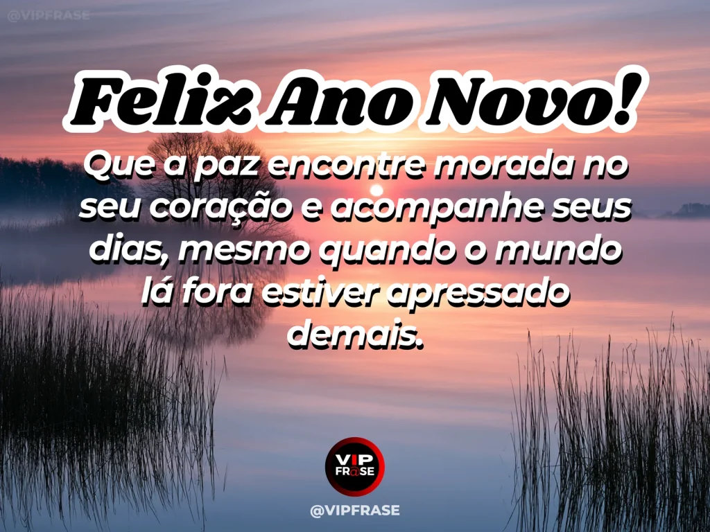 Mensagem de Ano Novo sobre paz, com lago calmo ao amanhecer com névoa leve e reflexos delicados.