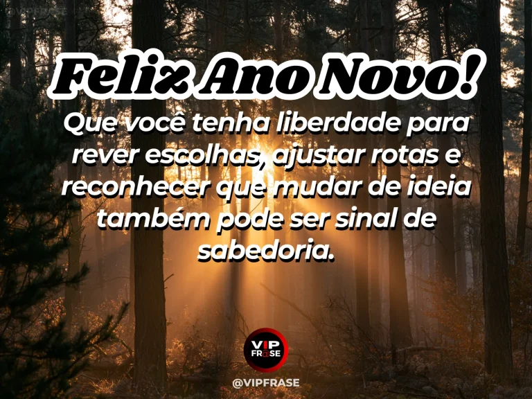 Mensagem de Ano Novo sobre sabedoria, com uma bifurcação elegante em caminho de pedra entre árvores iluminadas, atmosfera contemplativa e horizonte aberto.