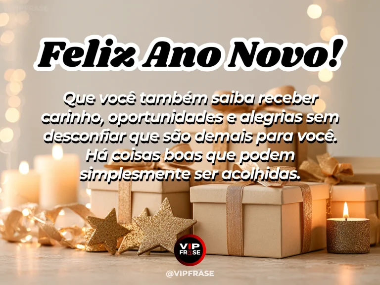 Mensagem de Ano Novo sobre acolher coisas boas, com luz dourada e flores claras.