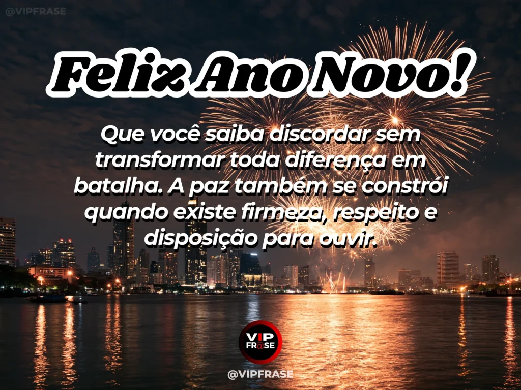 Mensagem de Ano Novo sobre paz nas diferenças, com ponte sobre um rio calmo.