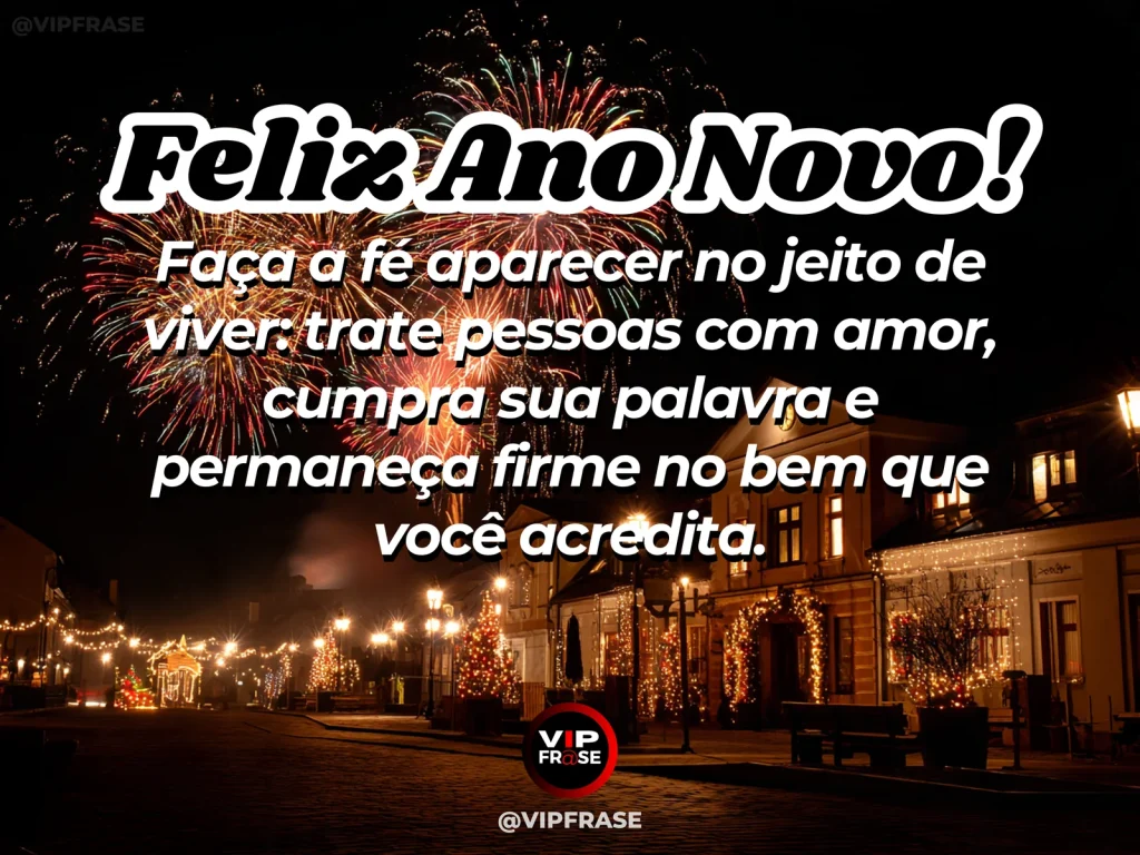 Frase de Ano Novo sobre fe, em cena serena com luz dourada em caminho urbano tranquilo, simbolizando fé no cotidiano.