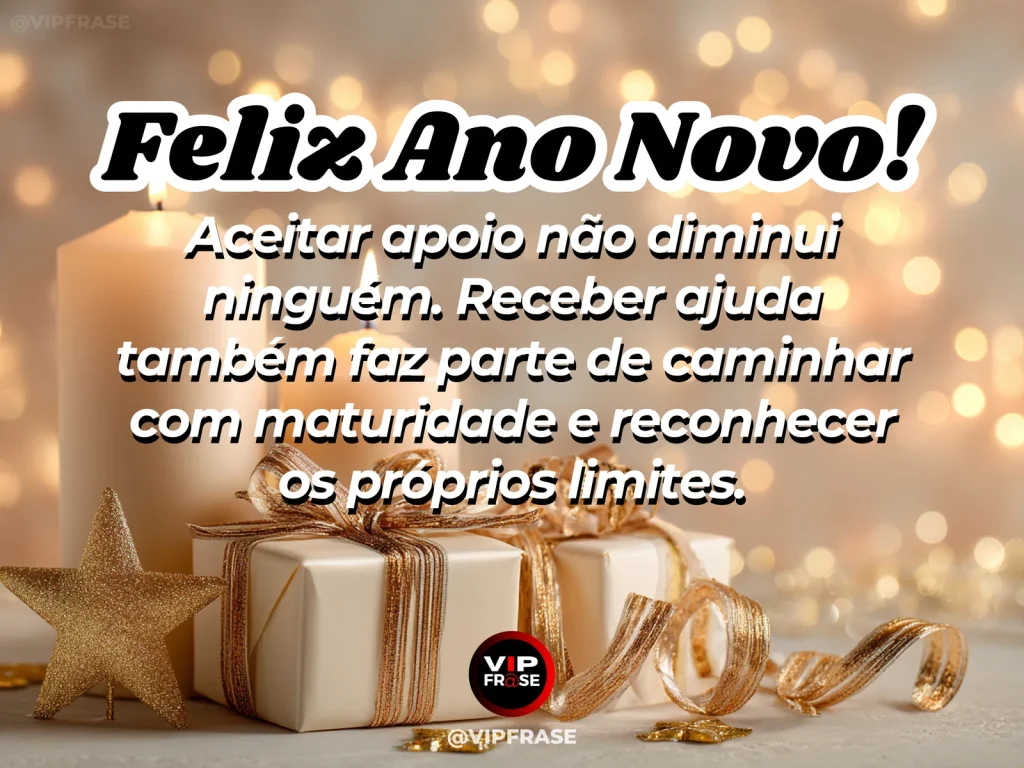 Frase de Ano Novo sobre conforto, autoestima, em cena serena com cobertor, poltrona e luz aconchegante, sugerindo acolhimento.