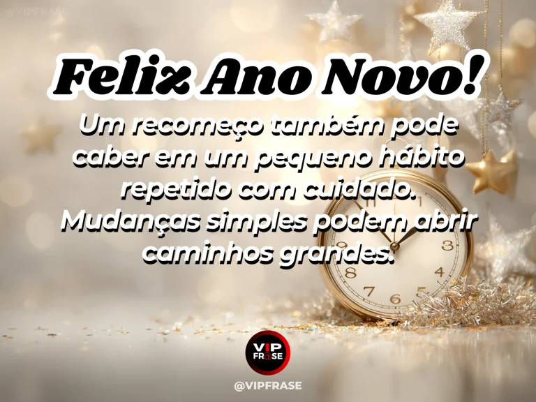 Frase de Ano Novo sobre recomeco, em cena serena com planta brotando em vaso simples, com luz clara e sensação de constância.