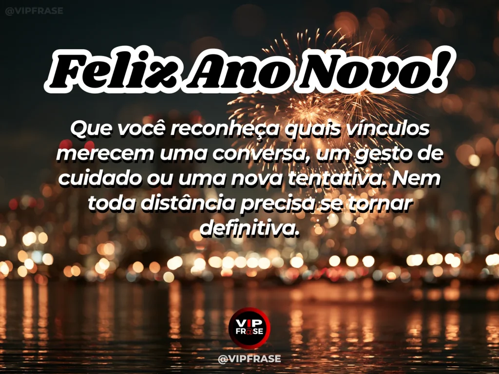 Mensagem de Ano Novo sobre reconstruir vínculos, com ponte de madeira iluminada.