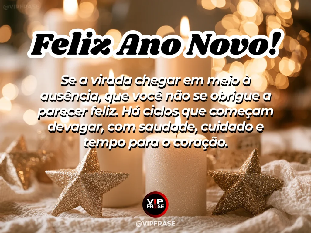 Mensagem de Ano Novo sobre luto, com vela acesa e flores brancas ao amanhecer.