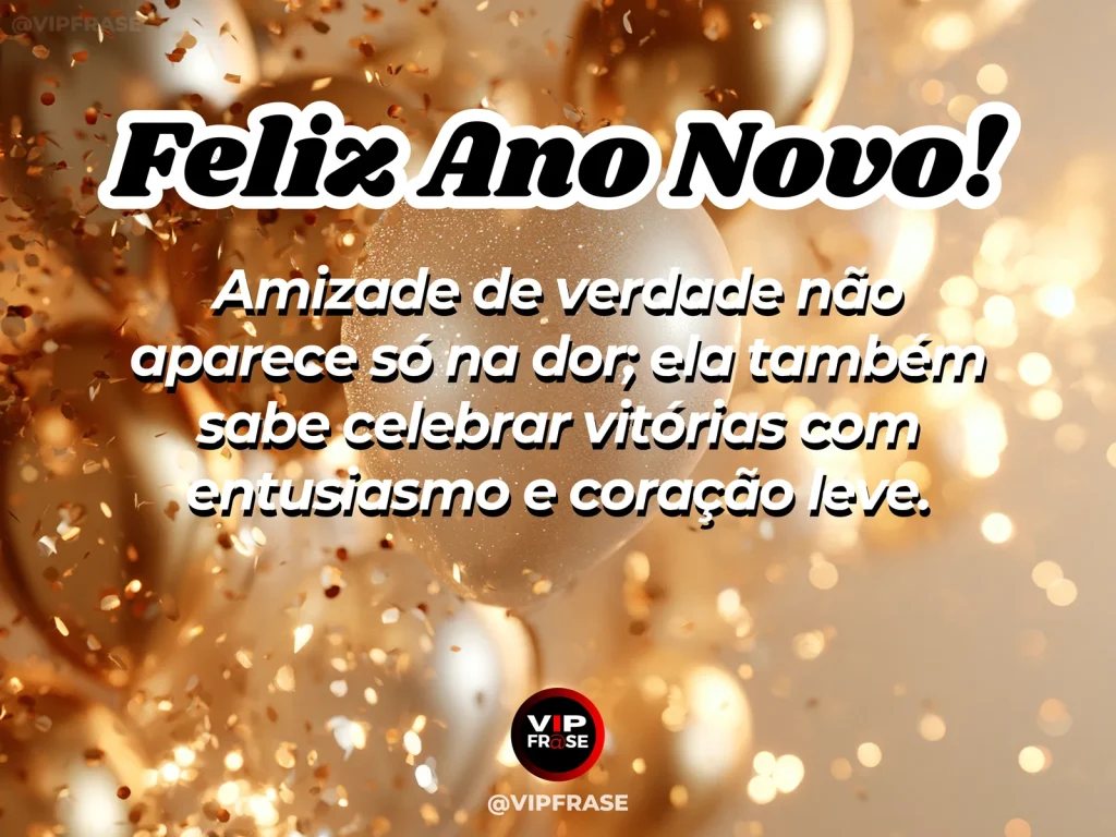 Frase de Ano Novo sobre amizade, felicidade, em cena serena com varanda com luzes suaves e sensação de celebração afetuosa.