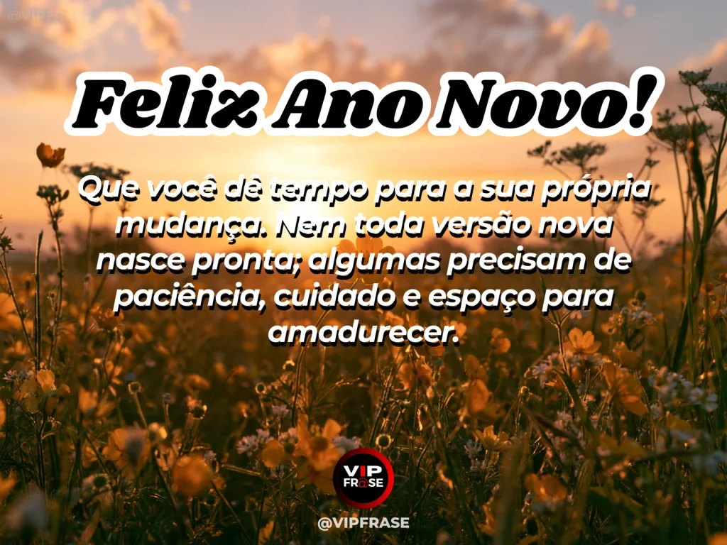 Mensagem de Ano Novo sobre autogentileza, com novos brotos sob luz suave.