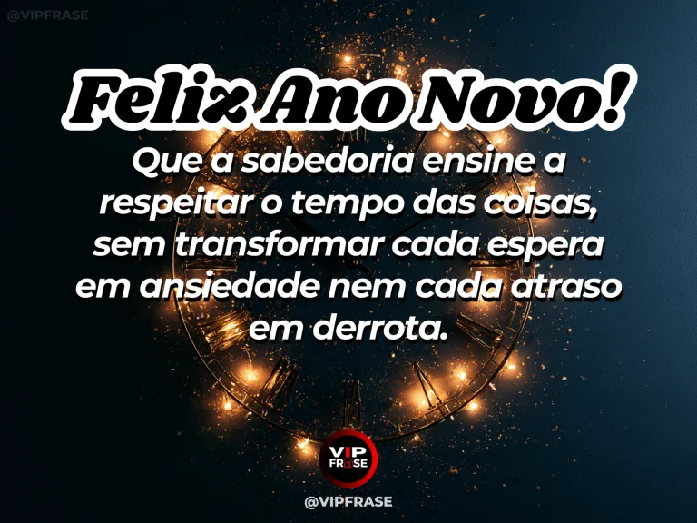 Mensagem de Ano Novo sobre sabedoria e paz, com ampulheta minimalista iluminada suavemente perto de uma janela.