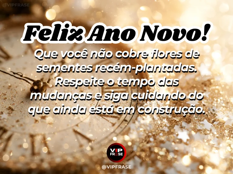 Mensagem de Ano Novo sobre sabedoria, com sementes brotando em vasos de barro com diferentes estágios de crescimento, luz de manhã e clima paciente.