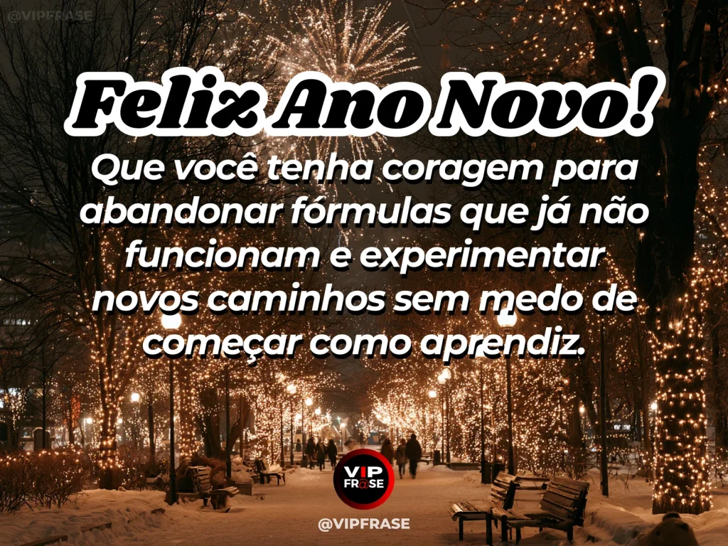 Mensagem de Ano Novo sobre coragem, com vários caminhos em um bosque, um deles iluminado por sol novo e atmosfera de exploração e escolha.
