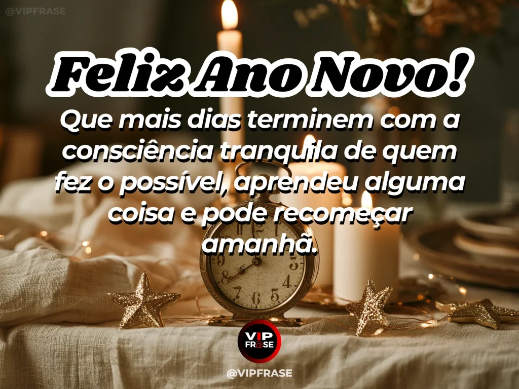 Frase de Ano Novo sobre paz e recomeço, com quarto sereno ao anoitecer.