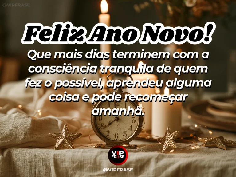 Frase de Ano Novo sobre paz e recomeço, com quarto sereno ao anoitecer.
