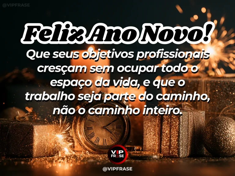 Mensagem de Ano Novo sobre trabalho, com mesa de trabalho organizada ao lado de porta aberta para jardim ensolarado, equilíbrio entre escritório e natureza.