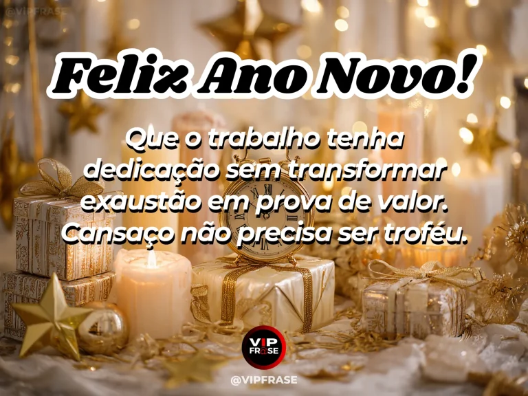 Frase de Ano Novo sobre trabalho sem exaustão, com notebook fechado ao fim do dia.