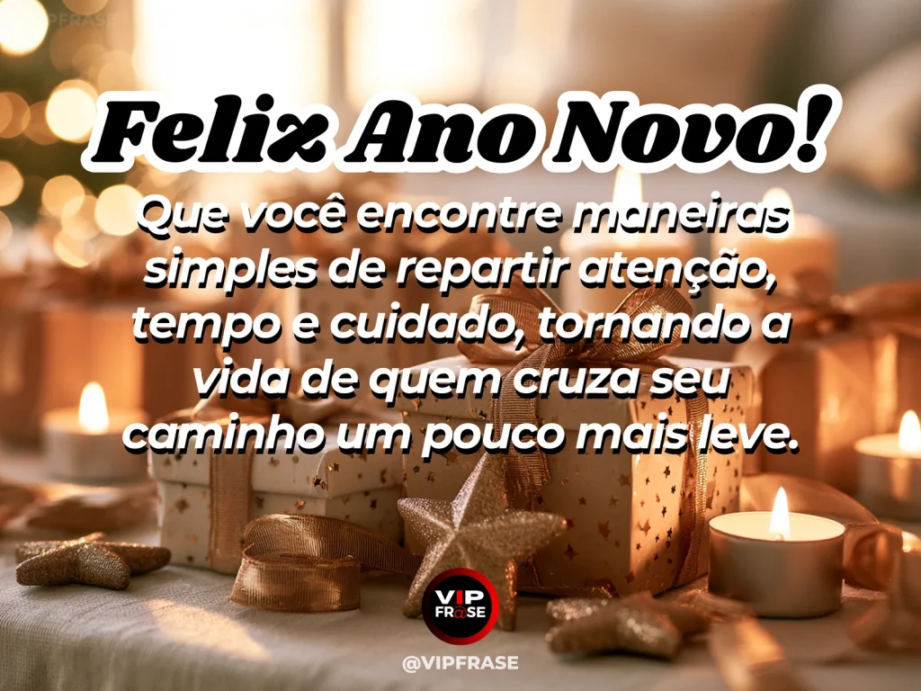 Mensagem de Ano Novo sobre carinho, com mãos oferecendo um pequeno vaso com planta verde em ambiente luminoso, gesto delicado de cuidado e generosidade.