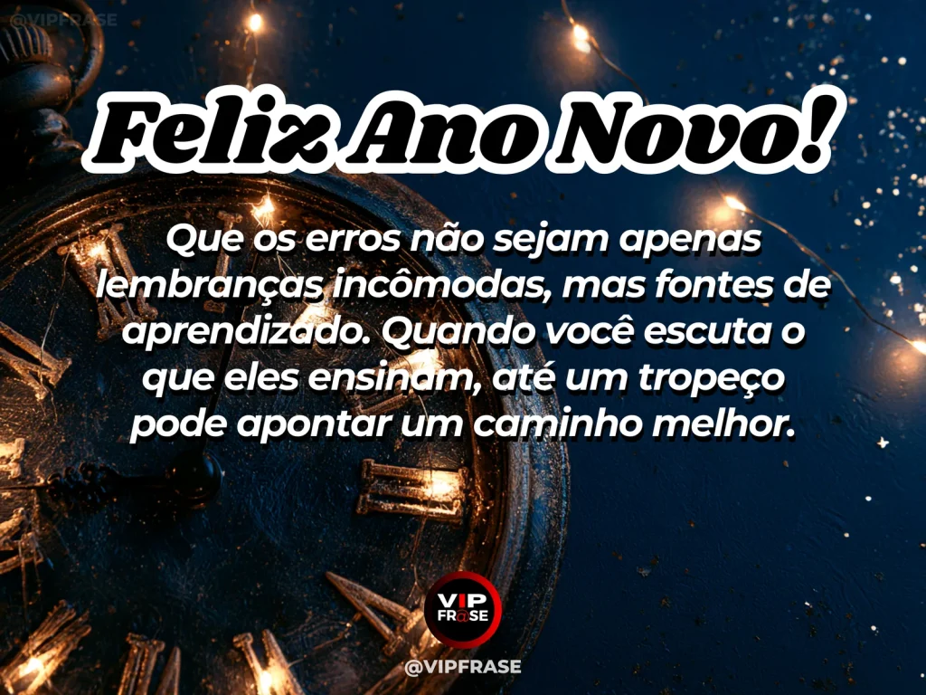 Mensagem de Ano Novo sobre aprender com erros, com pedras formando caminho sobre um riacho.